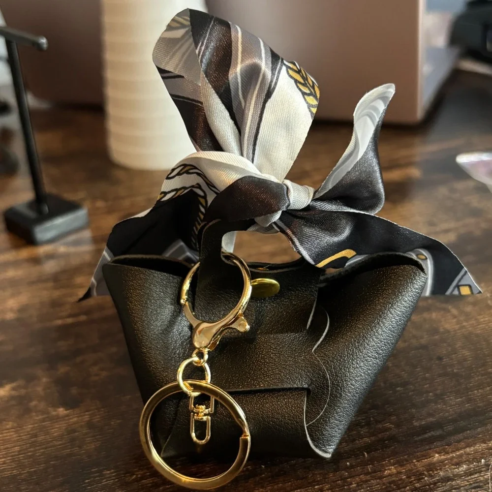 Black Mini Tote Bag Keychain Charm with Scarf Detail and Gold Hardware